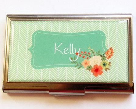 Herringbone Business Card Case in Green - Kelly's Handmade