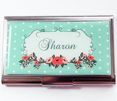 Floral Polka Dot Business Card Case in Green - Kelly's Handmade