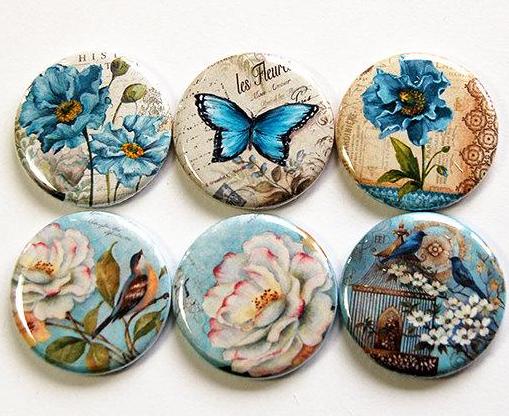 Flowers & Butterflies Set of Six Magnets in Blue - Kelly's Handmade