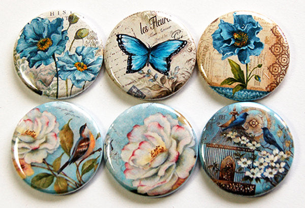 Flowers & Butterflies Set of Six Magnets in Blue - Kelly's Handmade