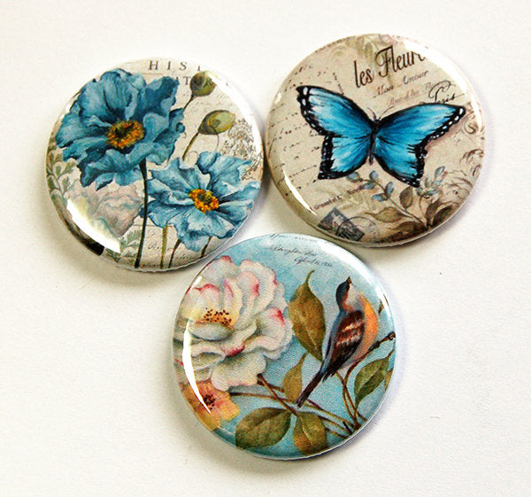 Flowers & Butterflies Set of Six Magnets in Blue - Kelly's Handmade