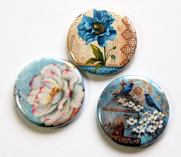 Flowers & Butterflies Set of Six Magnets in Blue - Kelly's Handmade