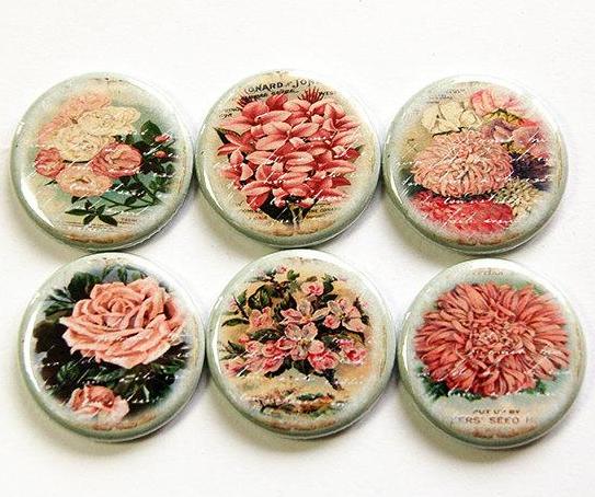 Floral Set of Six Magnets in Pink & Green - Kelly's Handmade