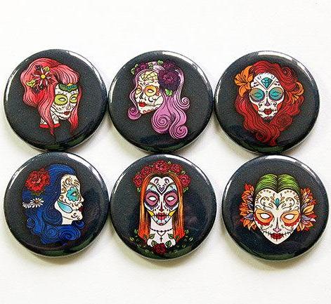 Sugar Skull Beauties Set of Six Magnets - Kelly's Handmade