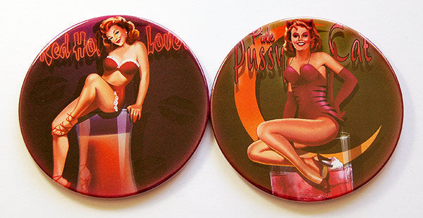 Pinup Girl Cocktail Coasters - Pink Pussy Cat & Red Hot Lovers - Kelly's Handmade