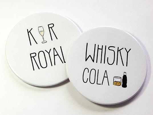 Cocktail Sketch Coasters - Kir Royal & Whisky Cola - Kelly's Handmade