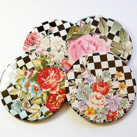 Roses on Checkerboard Coasters - Kelly's Handmade