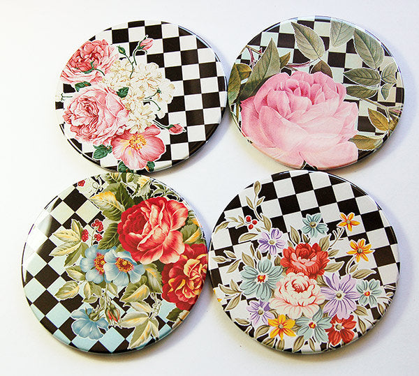 Roses on Checkerboard Coasters - Kelly's Handmade