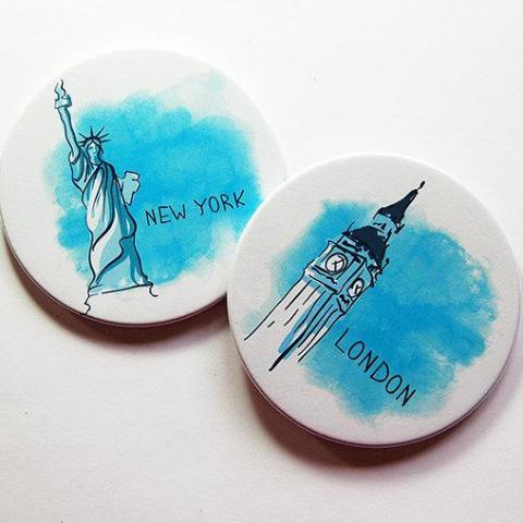 Travel Sketches Coasters - London & New York - Kelly's Handmade