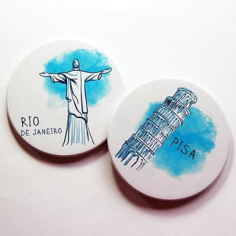 Travel Sketches Coasters - Rio & Pisa - Kelly's Handmade