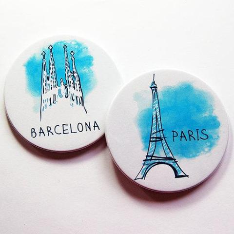 Travel Sketches Coasters - Paris & Barcelona - Kelly's Handmade