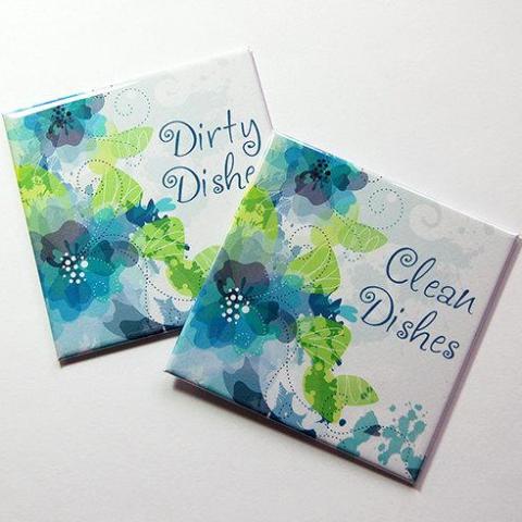 Floral clean & Dirty Dishwasher Magnets in Blue & Green - Kelly's Handmade