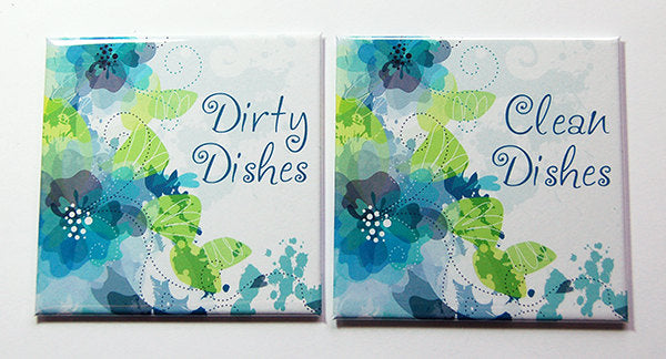 Floral clean & Dirty Dishwasher Magnets in Blue & Green - Kelly's Handmade