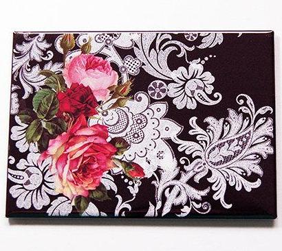 Floral & Lace Large Pocket Mirror in Black White & Pink - Kelly's Handmade