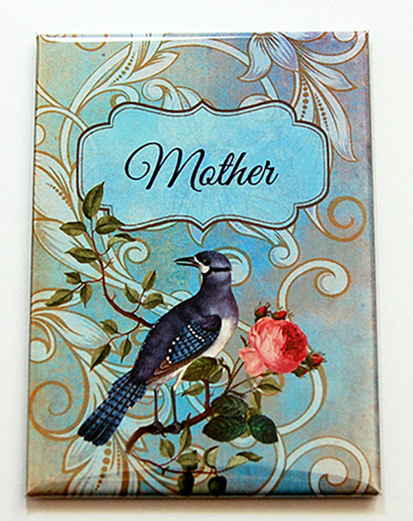 Elegant Bird & Rose Personalized Large Pocket Mirror in Blue - Kelly's Handmade