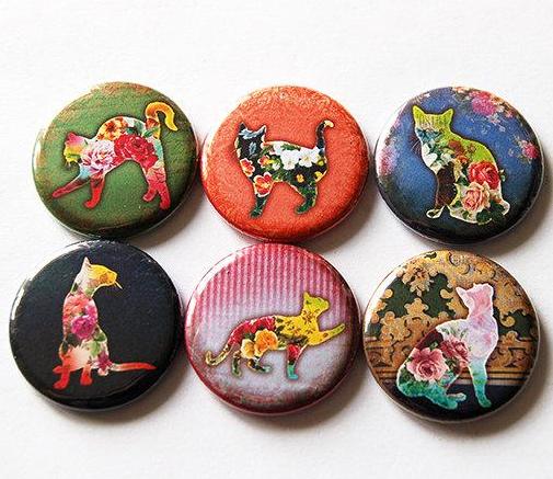 Cats & Flowers Set of Six Magnets - Kelly's Handmade