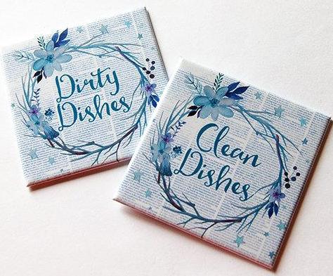 Floral Clean & Dirty Dishwasher Magnets in Blue - Kelly's Handmade