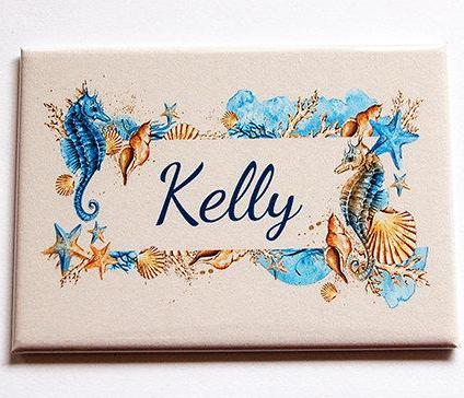 Beach Seahorse Personalized Large Pocket Mirror in Blue & Gold - Kelly's Handmade