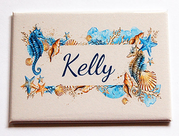 Beach Seahorse Personalized Large Pocket Mirror in Blue & Gold - Kelly's Handmade